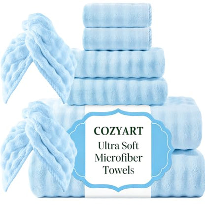 COZYART Lint Free 8 Pcs Bathroom Towel Set Ultra Soft Microfiber Light Blue | Fluffy, Thick, Highly Absorbent, Fast Dry, No Shedding, No Pilling, Fade Resistant, Durable, Long-lasting - color: Light Blue