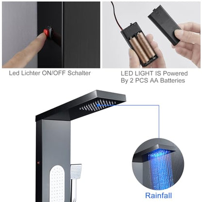 5-in-1 LED Shower Panel Tower System Stainless Steel Black | LED rain head | 4 massage jets | Body waterfall spray | Handheld shower | Tub spout | Wall mount - color: Black