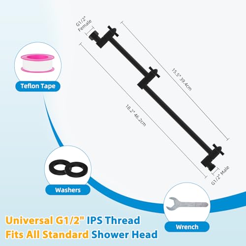 All-Metal 16" Shower Head Extension Arm, G1/2" Universal/Adjustable, Black | Flexible Brass Shower Head Extender Adjustable Height/Angle, Stainless Steel Rain Shower Pipe Height Extended with Lock Joint - color: Matte Black, size: 16 Inch