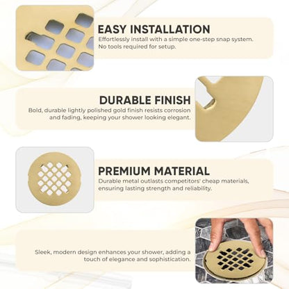 4 ¼” Brushed Light Gold Snap-in Shower Drain Cover - Gold Replacement - 4.25" OD Shower Drain Strainer - Easy Install - Premium Round Shower Drain Cover - Solid Brass Construction - color: Light Gold