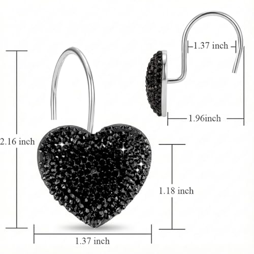 Black Heart Shower Curtain Hooks Sparkling Shower Hooks with Crystal Rhinestones - Stainless Steel Rust Resistant Hooks Holder Bling for Gothic Bathroom Accessories - color: Black