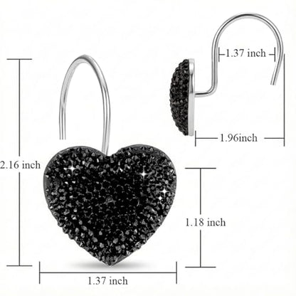 Black Heart Shower Curtain Hooks Sparkling Shower Hooks with Crystal Rhinestones - Stainless Steel Rust Resistant Hooks Holder Bling for Gothic Bathroom Accessories - color: Black