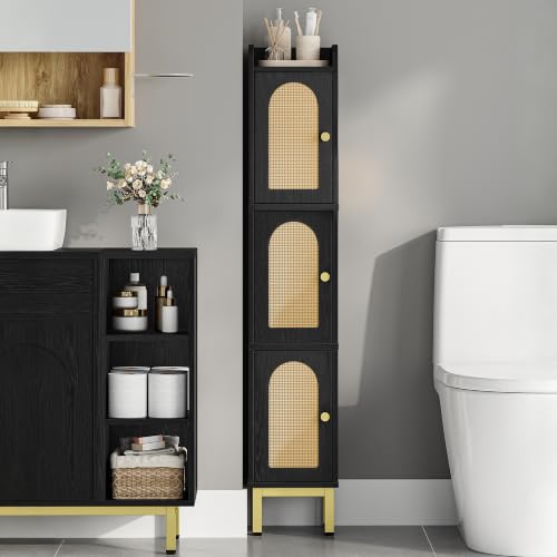 Hzuaneri Slim Bathroom Storage Cabinet, Narrow Bathroom Organizers,3 Doors | Narrow Storage Cabinet with 4 Adjustable Feet, Laundry Room Organization for Small Space, Kitchen,Living Room,Rattan Black - color: Rattan Black