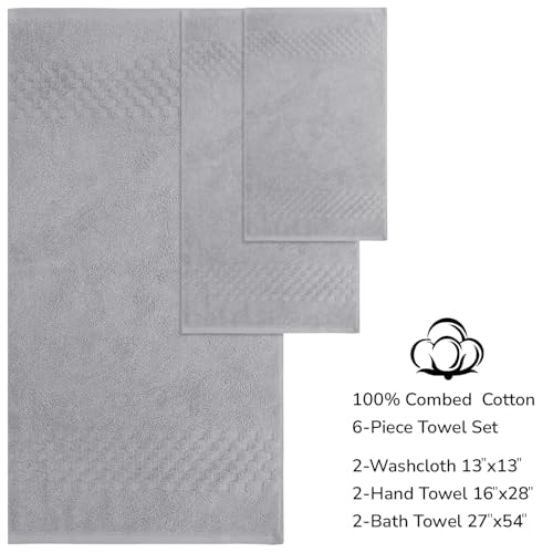 Feather & Stitch 100% Cotton 625 GSM Bath Towel Set of 6, Ultra Soft Highly Absorbent 2 Bath Towels, 2 Hand Towels & 2 Washcloth - Luxury Quick Dry Shower Towels (Grey) - color: Grey