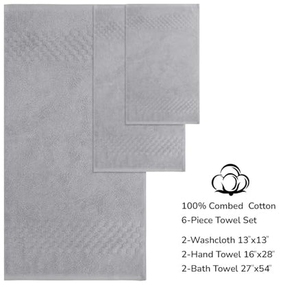 Feather & Stitch 100% Cotton 625 GSM Bath Towel Set of 6, Ultra Soft Highly Absorbent 2 Bath Towels, 2 Hand Towels & 2 Washcloth - Luxury Quick Dry Shower Towels (Grey) - color: Grey