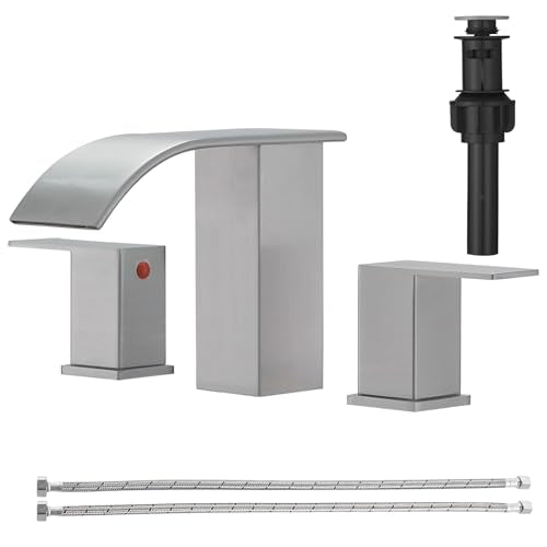 RUMOSE Bathroom Faucets Nickel Bathroom Sink Faucet 3 Hole with Drain | 8 inch Widespread 2 Handles Lavatory Vanity Faucet Set, Waterfall Spout, Deck Mounted, Pop Up Drain, Stainless Steel - color: Brushed Nickel