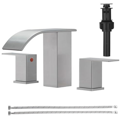 RUMOSE Bathroom Faucets Nickel Bathroom Sink Faucet 3 Hole with Drain | 8 inch Widespread 2 Handles Lavatory Vanity Faucet Set, Waterfall Spout, Deck Mounted, Pop Up Drain, Stainless Steel - color: Brushed Nickel