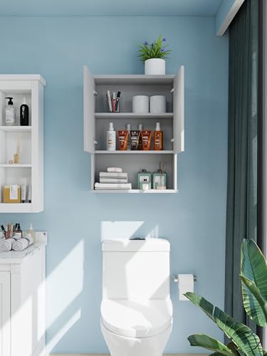 Bathroom Cabinet Wall Mount Buffering Hinge,23"x29" inch Over Toilet Storage Cabinet and Adjustable Shelves, Large Space Wooden Medicine Cabinet (Light Gray) - color: Light Gray, size: 23x29