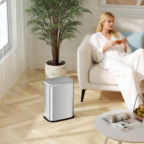 Bathroom Trash Can with Lid 8L/2.1 Gallon Silver Trash Can Small Garbage Can with Swing Top Lid Slim Stainless Steel Garbage Can with 100 Counts Trash Bags for Bathroom Bedroom Kitchen Office Toilet - color: Silver, size: Swing-Lid Trash Can