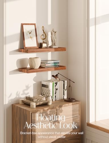 BATODA Wood Floating Shelves, Wall Mounted, 17" Set of 2, Hardware Included | Acacia Wood, 100LBs Capacity, Hidden Brackets, Easy DIY Assembly, Rustic Farmhouse Style, for Bathroom, Bedroom & Kitchen - color: Acacia, size: 17 Inch