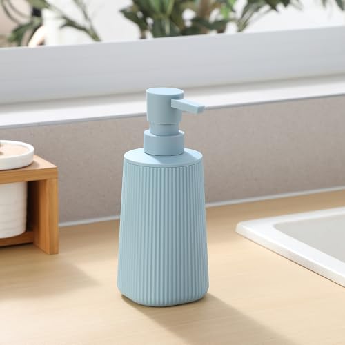 YAUKPH Small Soap Dispenser for Bathroom and Kitchen Light Blue | Modern Farmhouse Striped Style Plastic Hand Soap Dish Soap Dispenser with Pump - color: Light Blue