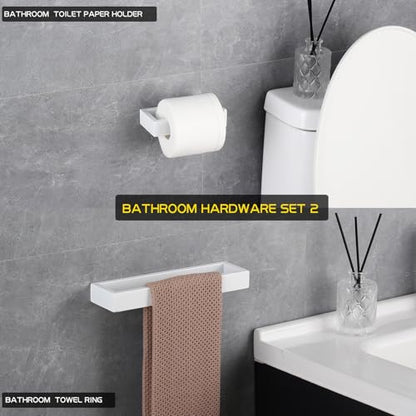 GERZWY Bathroom 2-Piece Accessory Set SUS 304 Stainless Steel Toilet Paper Holder Towel Ring Wall Mount, White - color: White