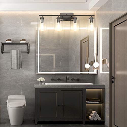 Aipsun 4 Lights Black Bathroom Vanity Light Over Mirror with Clear Glass Shades Industrial Bathroom Light Fixtures (Exclude Bulb) - size: 31 inch