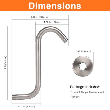 S Shaped Shower Arm, High Rise Shower Head Extension Pipe Standard 1/2" Connection with Flange, Awesome Shower Experience-Stainless Steel Bathroom Accessory(12 Inch S Shape, Brushed Nickel) - color: Brushed Nickel, style: 12" S Shape