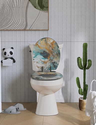 Angol Shiold ROUND Resin Soft Close Toilet Seat Marble 16.5" | Quick Release Heavy Duty Decorative Acrylic Seats Easy to Install & Clean (Modern Green Marble Art Print) - color: Green Marble