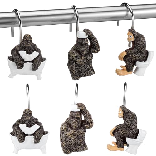 Roowest 12 Pcs Bigfoot Forest Monster Shower Curtain Hooks Western Shower Curtain Hooks Stainless Steel Rust Resistant Rings Hangers for Winter Farmhouse Rustic Bathroom Decor - style: Bigfoot Forest Monster