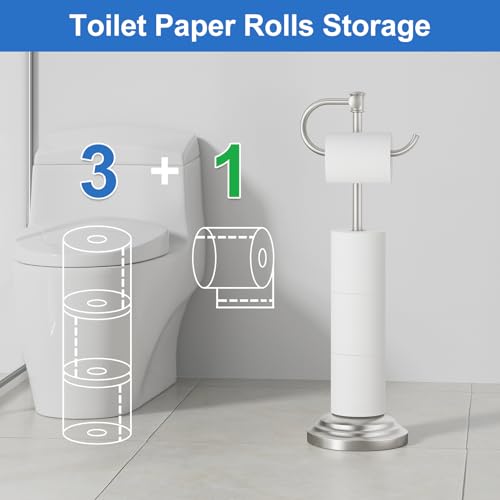 RUMOSE Toilet Paper Holder Stand for Floor, Brushed Nickel Bathroom Free Standing Toilet Tissue Roll Holder with Storage, Adjustable 17-25 Inch, SUS304 Stainless Steel - color: Brushed Nickel