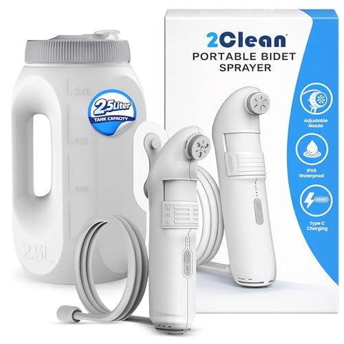 2Clean Portable Bidet - Travel & Home Use High Pressure Sprayer, USB Rechargeable Hygiene Device for Toilets with 2.5L Container, Variable Intensity, Lightweight Design, Wall Bracket Included