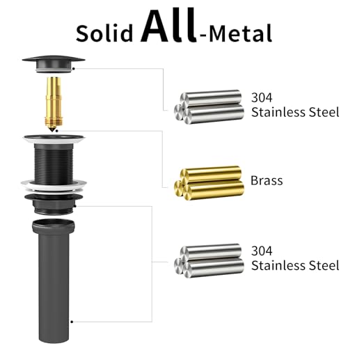 Bathroom Sink Drain Without Overflow, Pop Up Sink Drain, Matte Black | Vessel Sink Drain No Overflow, All Metal Stainless Steel Pop Up Bathroom Sink Stopper, Lavatory Vanity Sink Drain Assembly