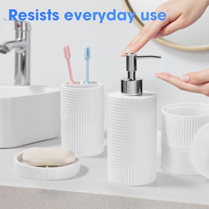 5 Pack Bathroom Accessories Set, White Resin Bathroom Set | Resin Soap Dispenser and Toothbrush Holder Set, Tumbler & Soap Dish, Cotton Swab Jars, Modern Bathroom Decor Sink Sets