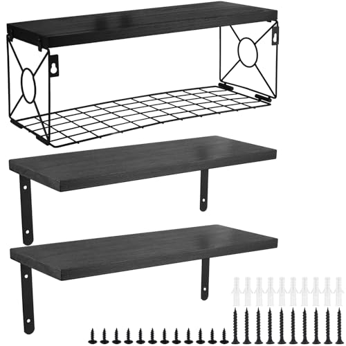 Floating Shelves with Wire Storage Basket, Bathroom Shelves Over Toilet with Protective Metal Guardrail, Versatile Storage Function Hanging Storage Wall Shelf for Bathroom, Bedroom, Living Roomv