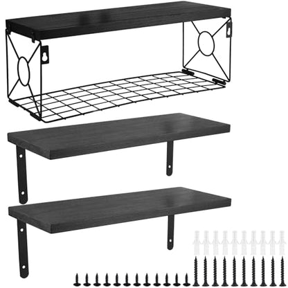 Floating Shelves with Wire Storage Basket, Bathroom Shelves Over Toilet with Protective Metal Guardrail, Versatile Storage Function Hanging Storage Wall Shelf for Bathroom, Bedroom, Living Roomv
