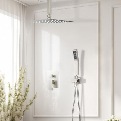 Shower System Shower Faucet Set, STARBATH 12" Ceiling Mount Rain Shower Head and Handheld Spray for Two Person, Shower Faucet Set with Diverter Valve and Trim Kit Complete,Brushed Nickel