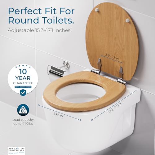 SANILO Wooden Toilet Seat with Soft Close [ROUND] - Decorative, Quiet & Slow Close Molded Wood Seat - With Strong Bumpers & Hinges - Adjustable Fit – Wood - color: Wood