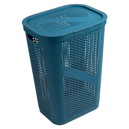 Mind Reader Slim Laundry Hamper with Lid, 60L Clothes Basket, Ventilated Plastic, Blue - color: Blue, size: Single