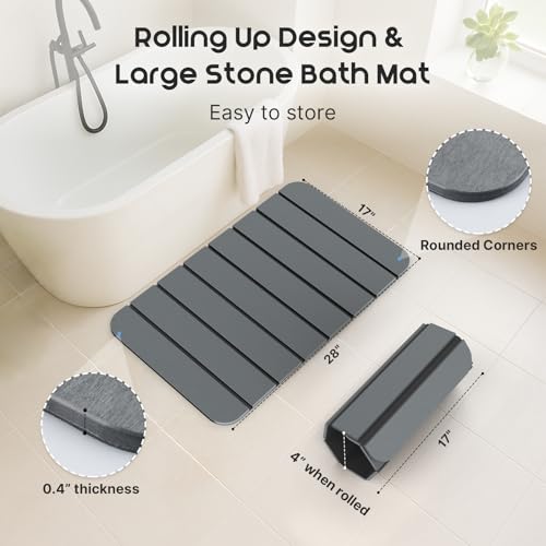 ArtyCozy Large Foldable Stone Bath Mat Non-Slip Rubber Base, 28"×17", Grey | Super Absorbent Quick Drying Diatomaceous Earth Mat for Bathroom, Easy to Store, Easy to Clean