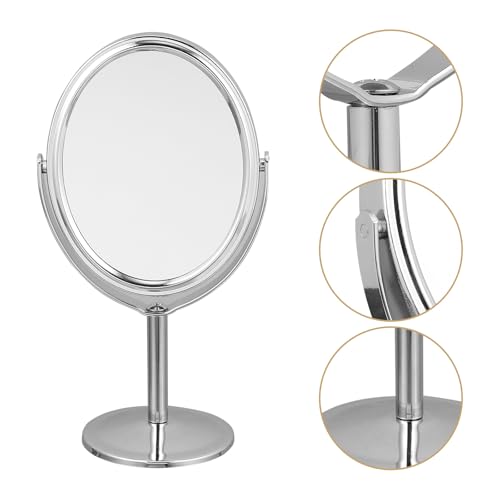 DECHOUS Double-Sided Oval Desktop Makeup Mirror Silver, Rotatable Beauty Vanity Mirror with Swivel Stand for Home Dressing Table and Personal Grooming