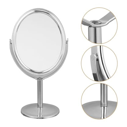 DECHOUS Double-Sided Oval Desktop Makeup Mirror Silver, Rotatable Beauty Vanity Mirror with Swivel Stand for Home Dressing Table and Personal Grooming
