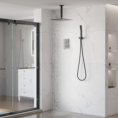 WELLFOR 12-In Ceiling Mount Shower System with Single Handle, Pressure-balanced Valve Included, Waterfall Dual Head Shower Head System, Rain Shower System, Shower Faucet Trim Kits, Matte Black - color: Matte Black, style: Ceiling Mount 12-Inch