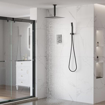 WELLFOR 12-In Ceiling Mount Shower System with Single Handle, Pressure-balanced Valve Included, Waterfall Dual Head Shower Head System, Rain Shower System, Shower Faucet Trim Kits, Matte Black - color: Matte Black, style: Ceiling Mount 12-Inch