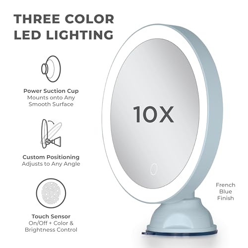 Zadro Zado 8.25-Inch x 6.9-Inch Round LED Lighted Wall Mounted Suction Cup Makeup Mirror with 10X Magnification and Touch Controls (French Blue) - color: French Blue