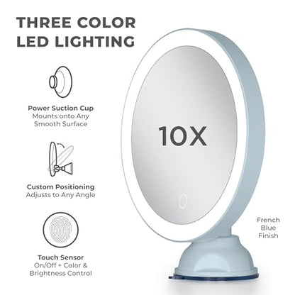 Zadro Zado 8.25-Inch x 6.9-Inch Round LED Lighted Wall Mounted Suction Cup Makeup Mirror with 10X Magnification and Touch Controls (French Blue) - color: French Blue