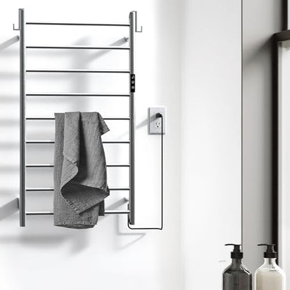 Z&Zhanle Heated Towel Rack for Bathroom,Wall Mounted Electric Towel Rack with Timer and LED Indicator, 9-Bar Towel Warmer, Stainless Steel Polished, Hard-Wired/Plug-in
