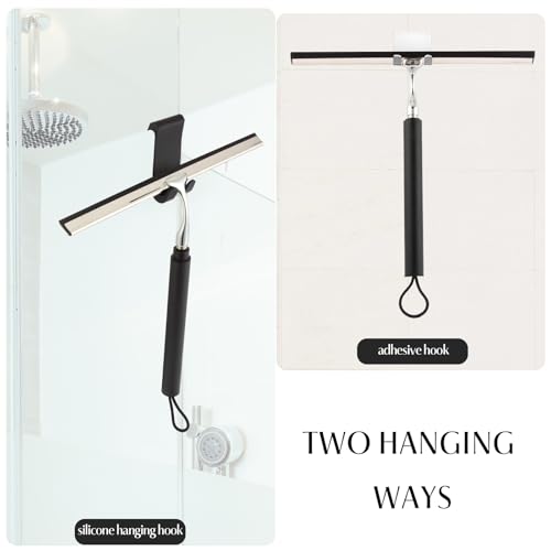 Shower Squeegee with Long Handle – Includes Replacement Silicone Blade, Extendable 13" to 48", 14" Wide for Glass, Mirrors, Windows, Bathroom Tiles & Walls, Telescopic Wiper with Hooks (Black)