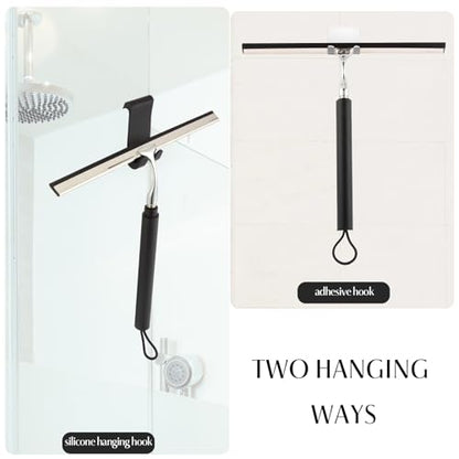 Shower Squeegee with Long Handle – Includes Replacement Silicone Blade, Extendable 13" to 48", 14" Wide for Glass, Mirrors, Windows, Bathroom Tiles & Walls, Telescopic Wiper with Hooks (Black)