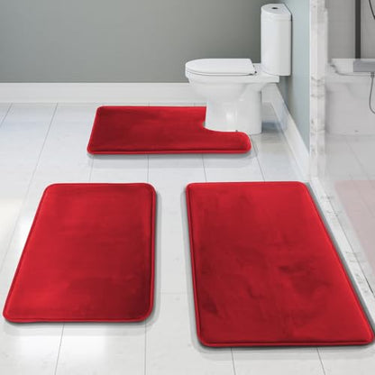 Clara Clark 3 Piece Bathroom Rugs Bath Mat Set, Velvet Memory Foam Bath Mats for Bathroom - Non-Slip, PVC Backing Bath Rugs, Washable - Dries Quickly, Burgundy - color: Red