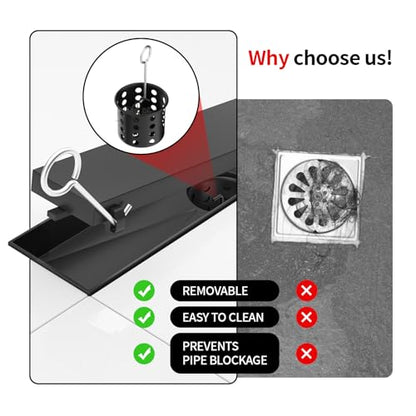 Linear Shower Drain, 304 Stainless Steel with Adjustable Leveling Feet, Hair Strainer,Reversely Install Place to Create an Invisible Floor Drain - Black -16-Inch - color: Matte Black, size: 16inch