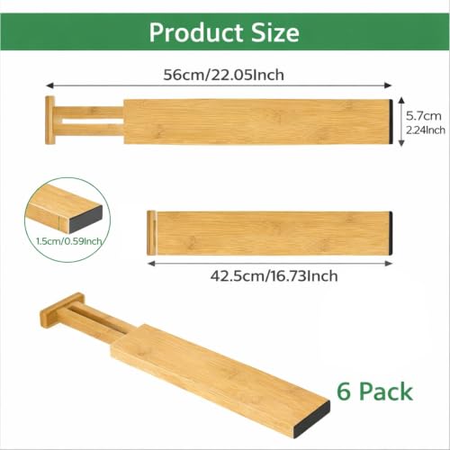 6 Pack Bamboo Drawer Dividers, Dresser Separators 16.6" to 21.8" | Adjustable Expandable Drawer Organizer, Bamboo Kitchen Drawer Divider for Clothing Socks Office Desk Bathroom Storage