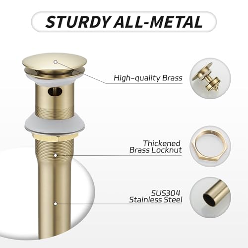BWE Brushed Gold Bathroom Vessel Sink Drain Stopper with Overflow One Piece Pop Up Drain Assembly with Strainer for Bathroom Faucet Sink - color: Brushed Gold, size: With Overflow