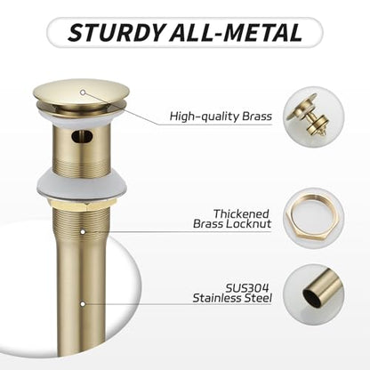 BWE Brushed Gold Bathroom Vessel Sink Drain Stopper with Overflow One Piece Pop Up Drain Assembly with Strainer for Bathroom Faucet Sink - color: Brushed Gold, size: With Overflow