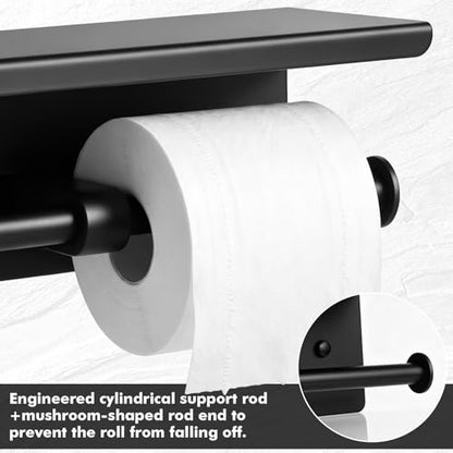Double Toilet Paper Holder with Shelf, Wall Mount Tissue Roll Holder for Bathroom, 304 Stainless Steel Commercial Toilet Tissue Dispensers with Phone Shelf(Black) - color: Black