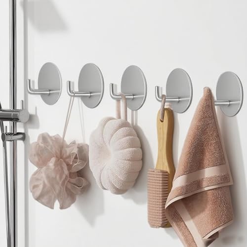 5 Pcs Adhesive Hooks Waterproof in Shower Hooks for Hanging Loofah, Towels, Clothes, Robes for Bathroom(Silver Round) - color: Silver Round