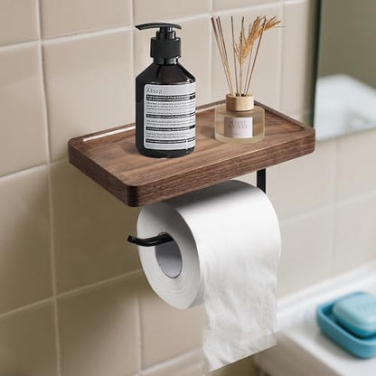Toilet Paper Holder with Walnut Wood Shelf – Adhesive or Wall Mounted Bathroom Storage Organizer, Rustic Modern Wood and Metal Roll Rack for Small Spaces, RV, Guest Toilet
