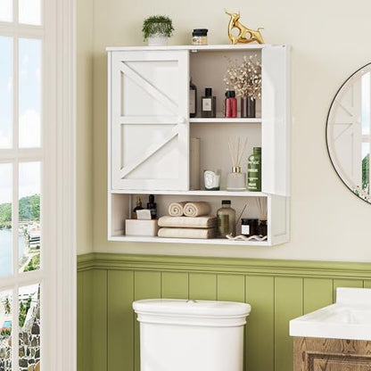 Bathroom Wall Cabinet, White 25.9" x 23.6" Over The Toilet Storage Cabinet, Bamboo Wall Mounted Bathroom Cabinet with Adjustable Shelves for Kitchen & Laundry Room (White)
