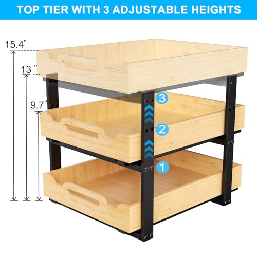 Pull Out Cabinet Organizer, 2-Tier Drawers for Kitchen Cabinet | Sliding Bamboo Under Sink Organizer for Kitchen Storage Organization with Coated Iron Frame, Bathroom Organizers and Storage