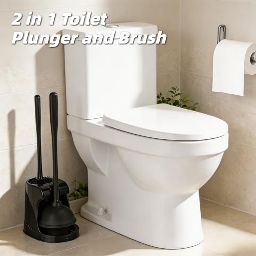 Toilet Plunger and Brush Set with Holder, 2 in 1 Bathroom Cleaning Combo, Heavy Duty Plunger with Suction Cup and Deep Cleaning Brush, Space Saving Caddy for Bathroom Organization, Black